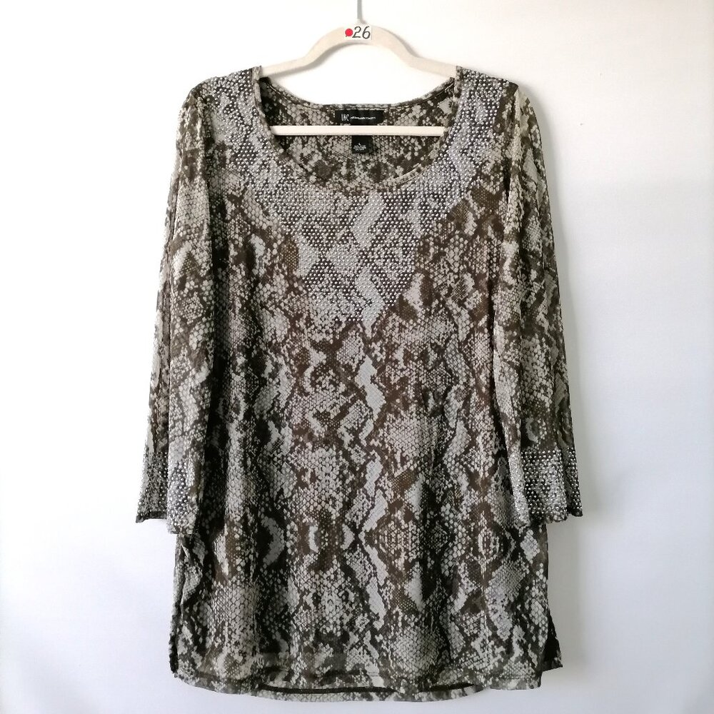 INC International Concept Womens Olive Round Neck Snake Print Blouse Size L